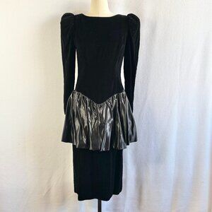 1980s Black Velvet Taffeta Long Sleeve Party Dress with Hip Interest